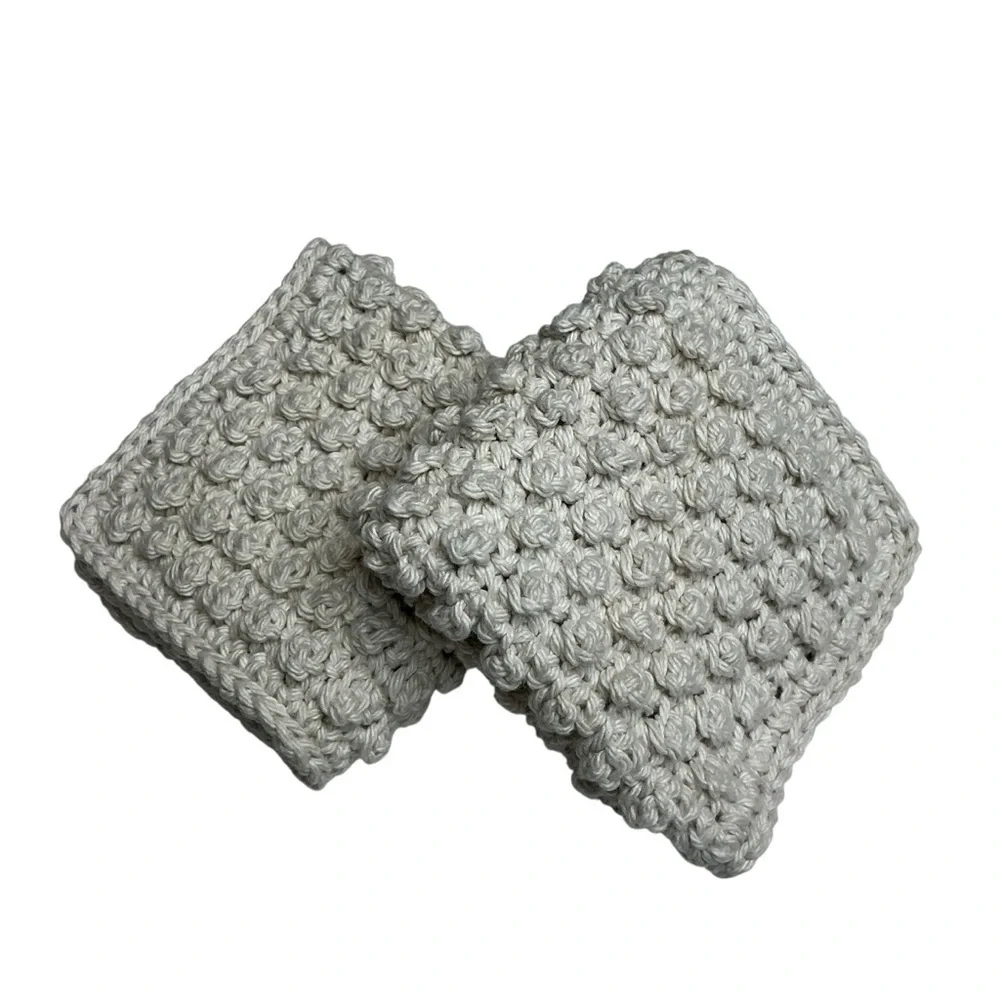 Pair of Crochet Dotty Dishcloth Washcloths Cream Cotton Handcrafted‎ Handmade